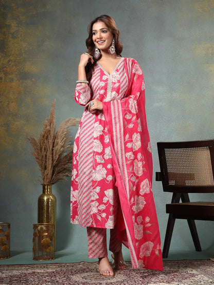 Pink Floral Print Anarkali Silk Blend Kalidaar Kurta Trouser Dupatta Set