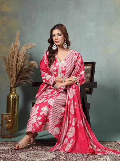 Pink Floral Print Anarkali Silk Blend Kalidaar Kurta Trouser Dupatta Set
