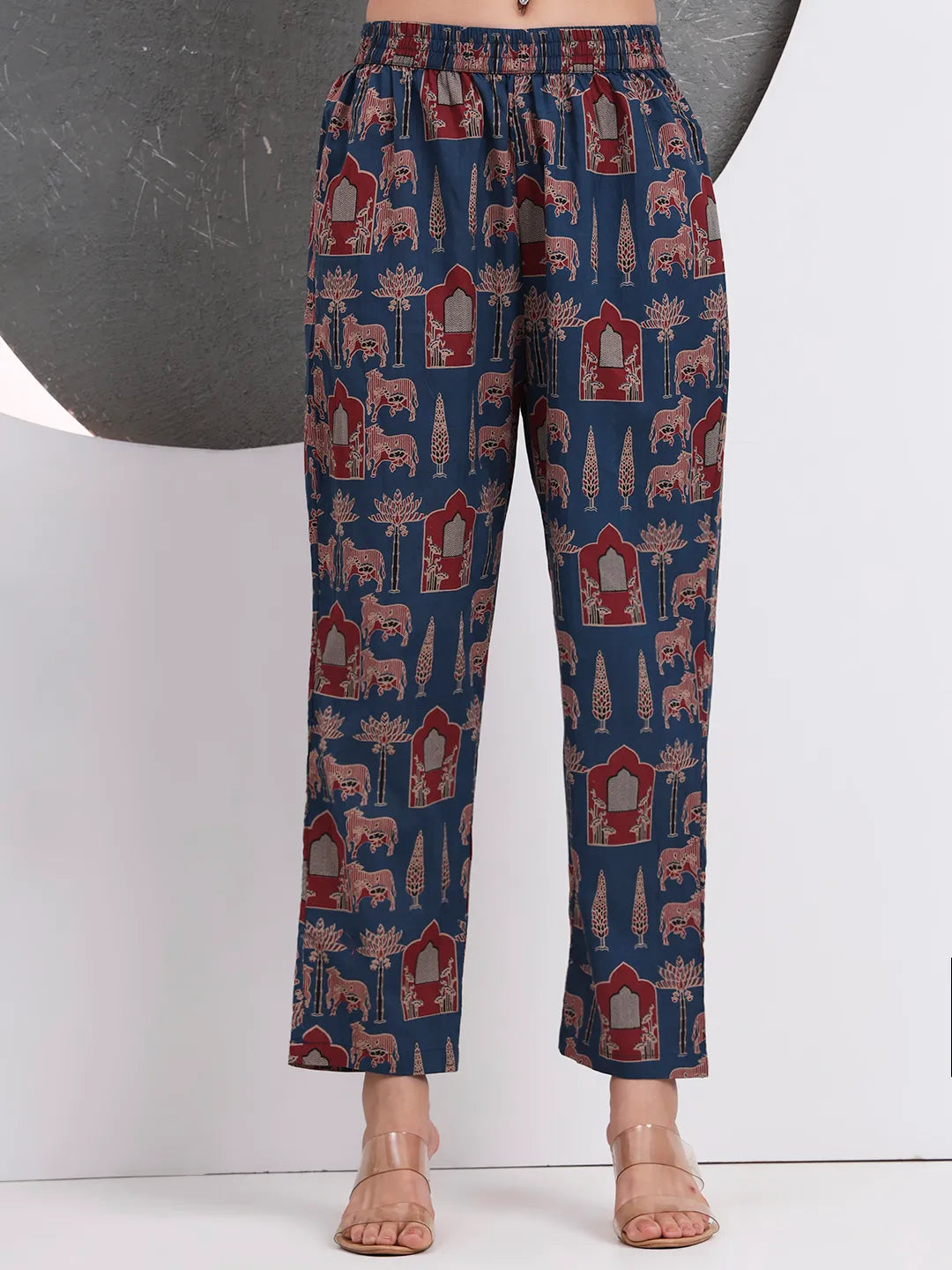 Blue Animal Print Aline Pure Cotton Kurta Trouser Set