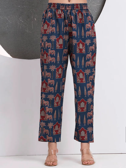 Blue Animal Print Aline Pure Cotton Kurta Trouser Set