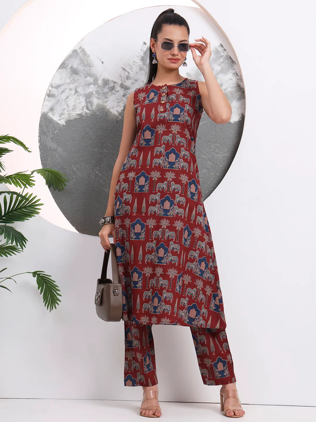 Rust Animal Print Aline Pure Cotton Kurta Trouser Set
