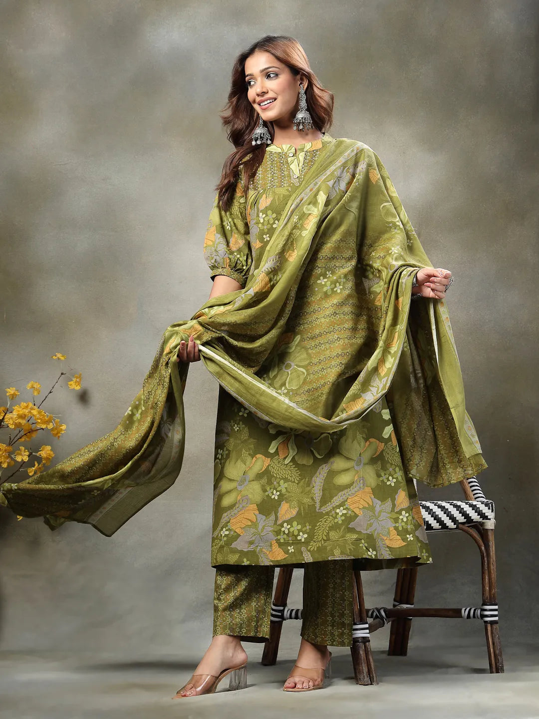 Green Sequins Work Pure Cotton A-Line Kurta Trouser Dupatta Set