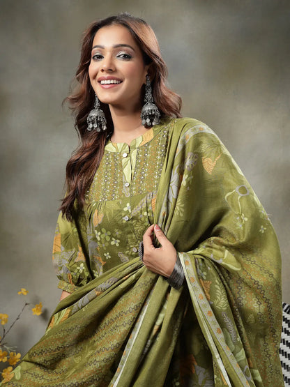 Green Sequins Work Pure Cotton A-Line Kurta Trouser Dupatta Set