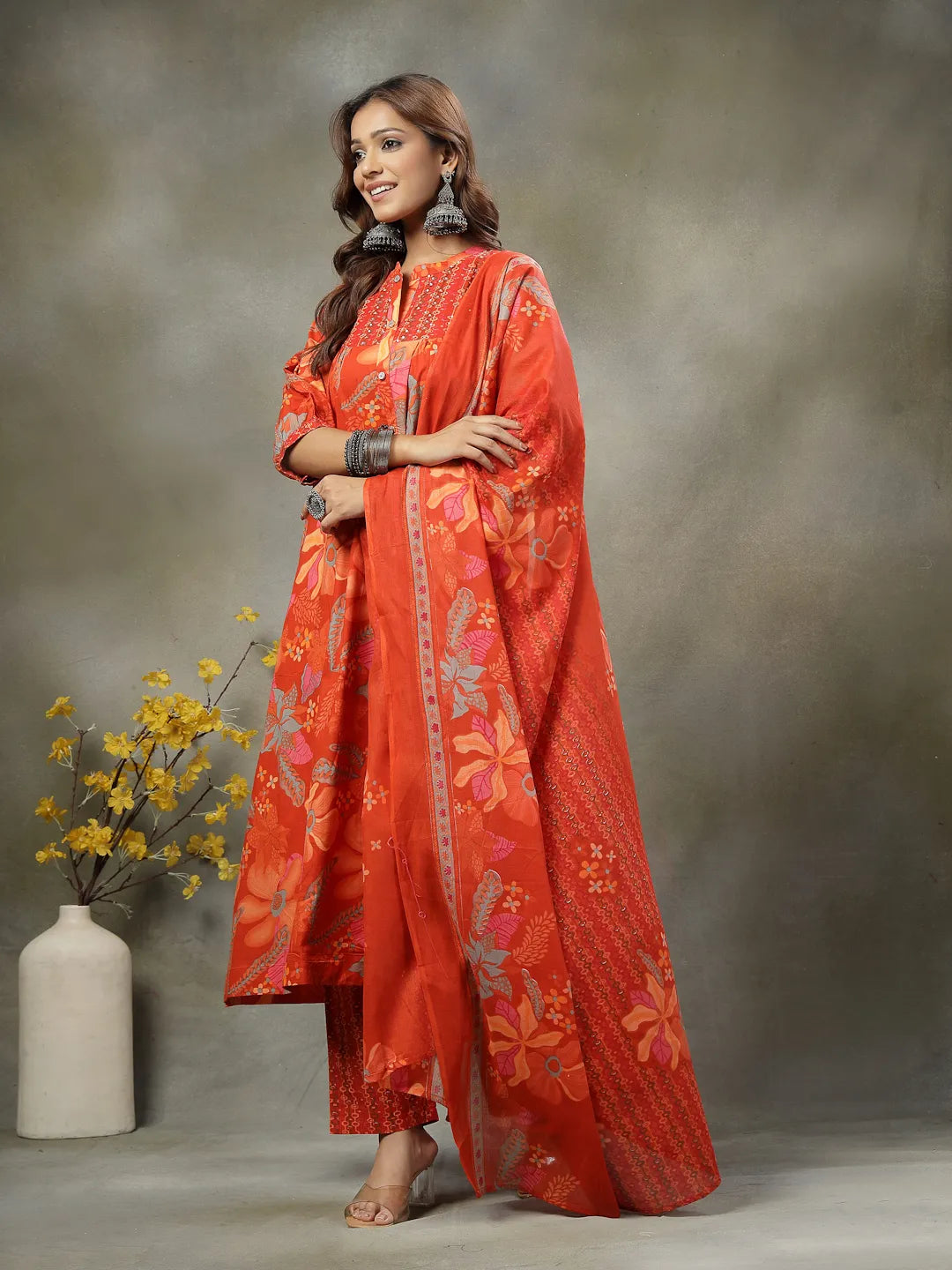 Orange Sequins Work Pure Cotton A-Line Kurta Trouser Dupatta Set