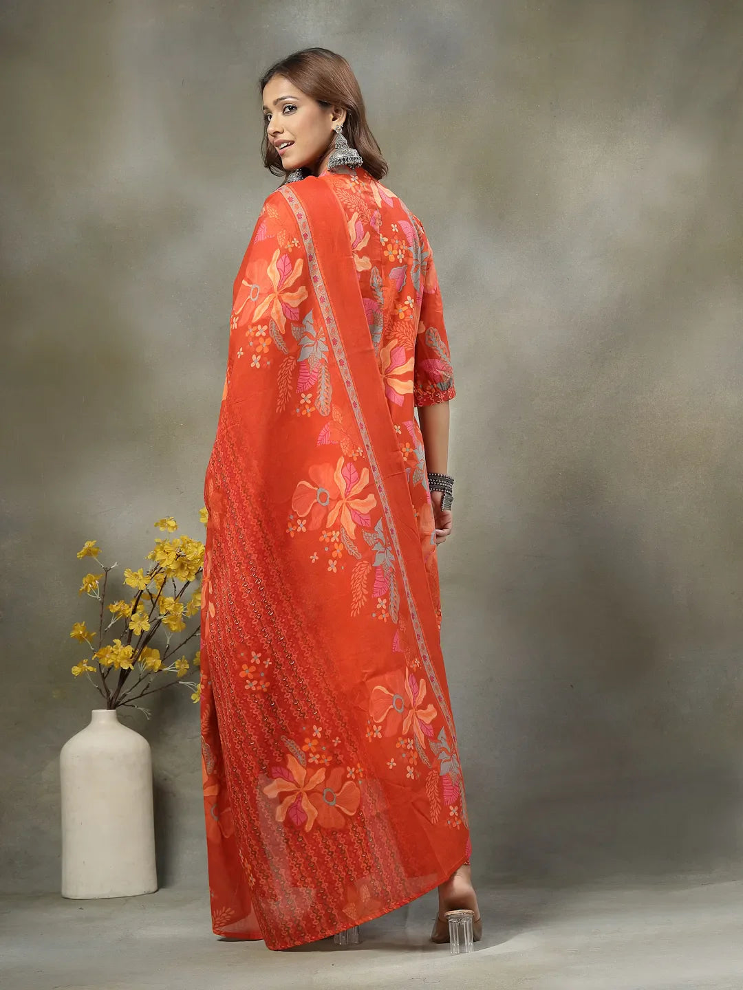 Orange Sequins Work Pure Cotton A-Line Kurta Trouser Dupatta Set