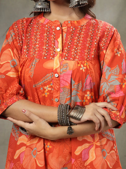 Orange Sequins Work Pure Cotton A-Line Kurta Trouser Dupatta Set