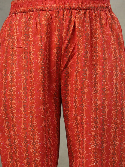 Orange Sequins Work Pure Cotton A-Line Kurta Trouser Dupatta Set