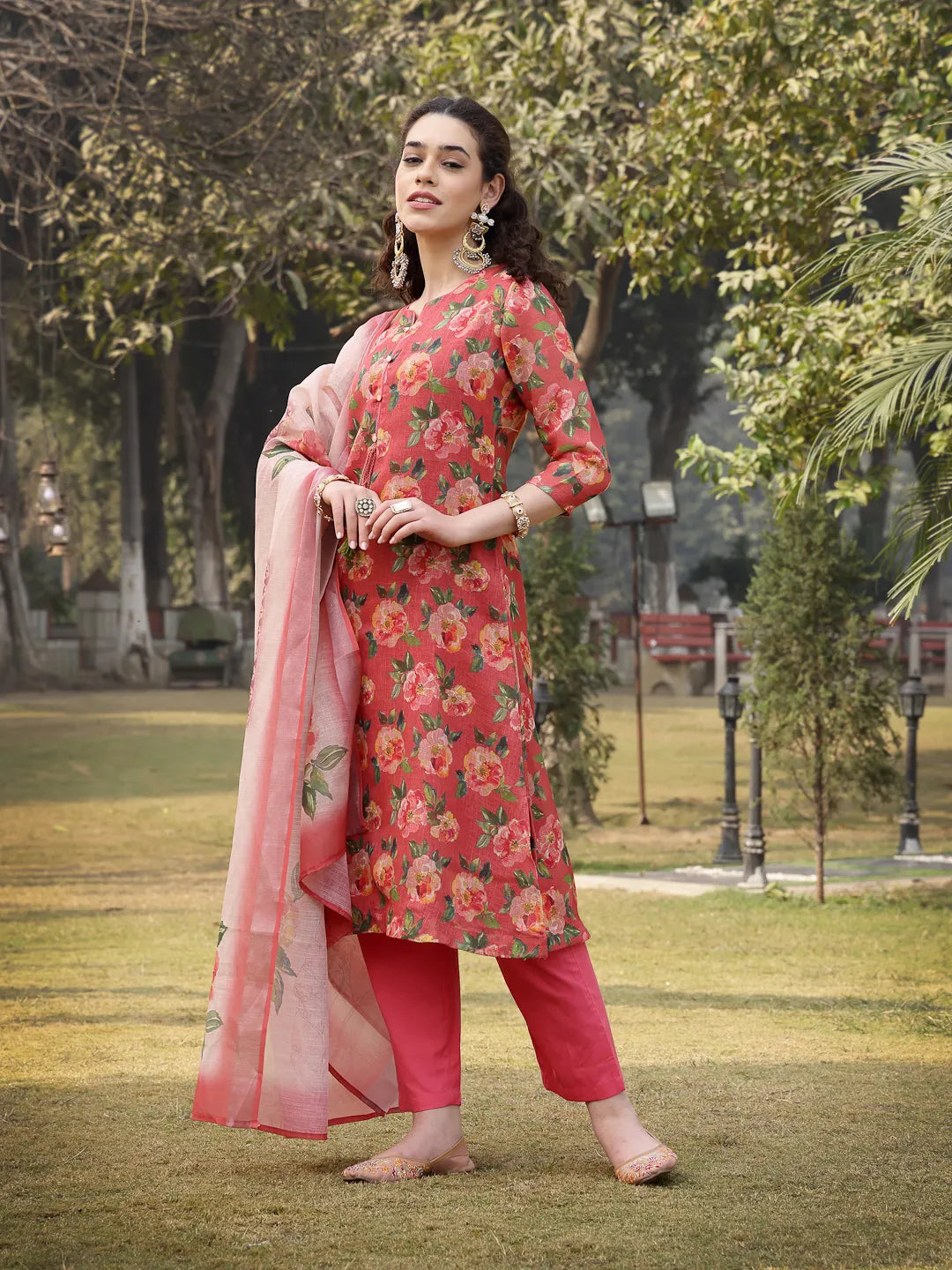 Pink Linen Flared Kurta Trouser Dupatta Set