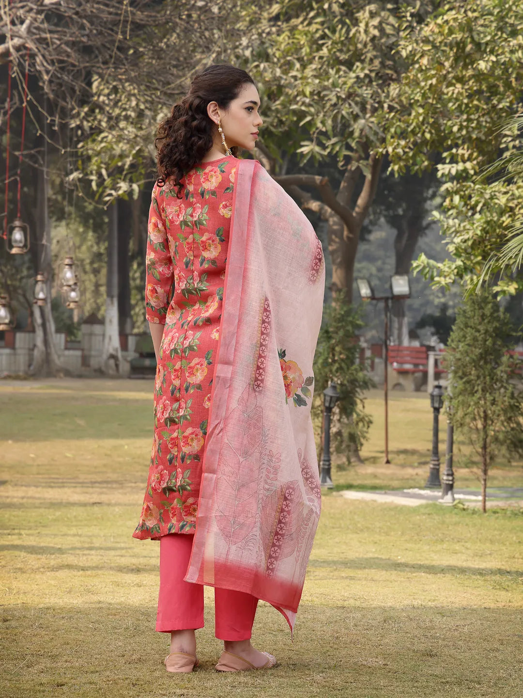 Pink Linen Flared Kurta Trouser Dupatta Set