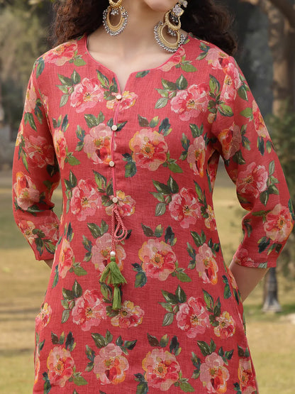 Pink Linen Flared Kurta Trouser Dupatta Set