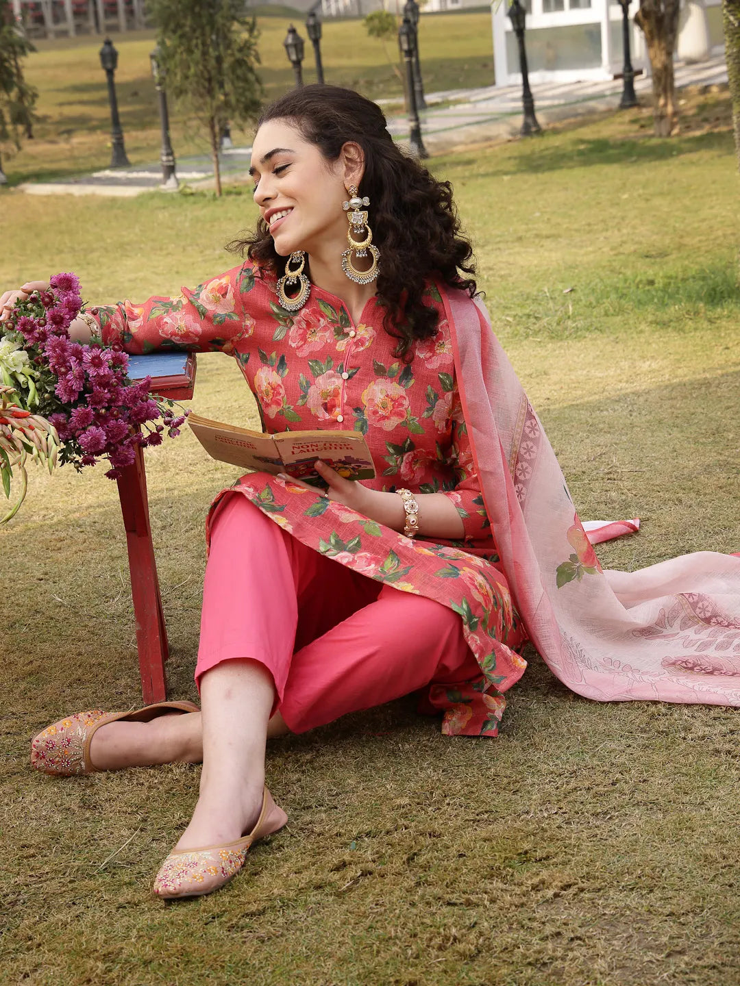 Pink Linen Flared Kurta Trouser Dupatta Set