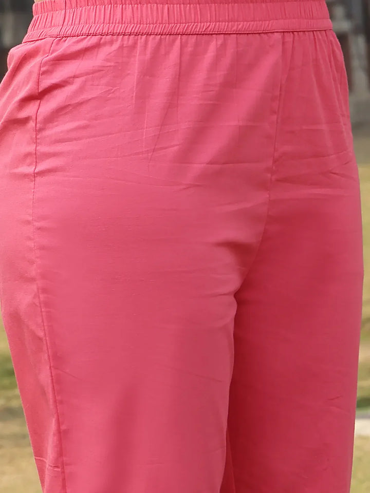 Pink Linen Flared Kurta Trouser Dupatta Set