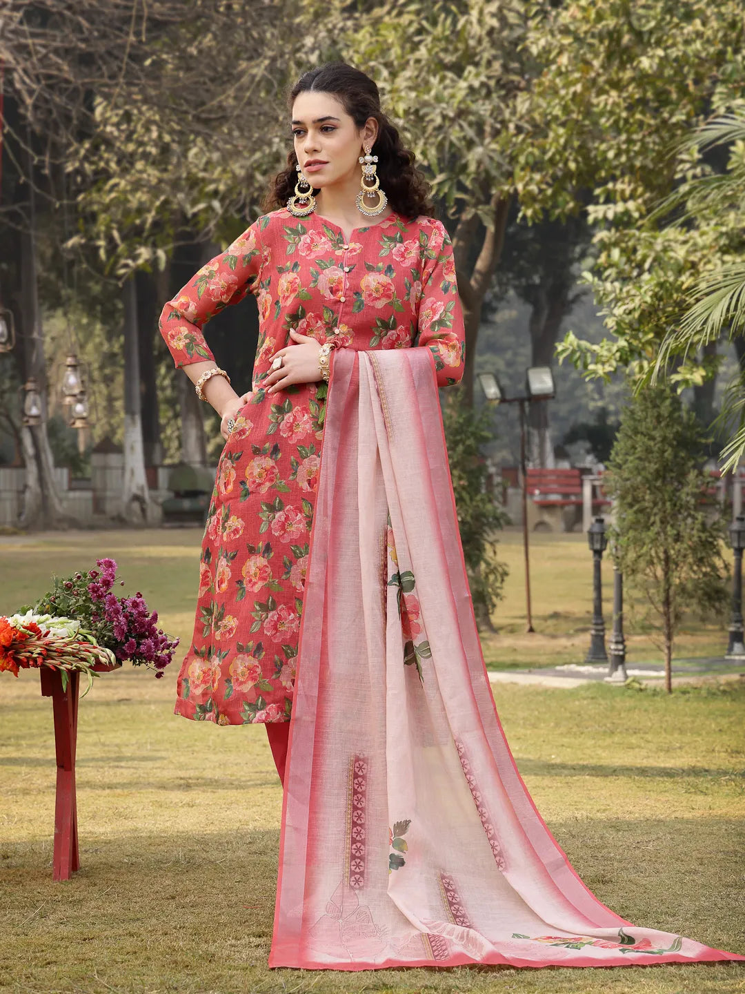 Pink Linen Flared Kurta Trouser Dupatta Set