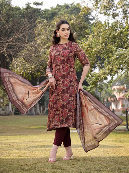 Brown Floral Print Sequins Work Linen Flared Kurta Trouser Dupatta Set