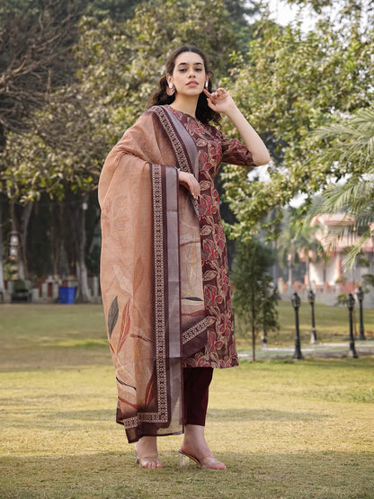 Brown Floral Print Sequins Work Linen Flared Kurta Trouser Dupatta Set