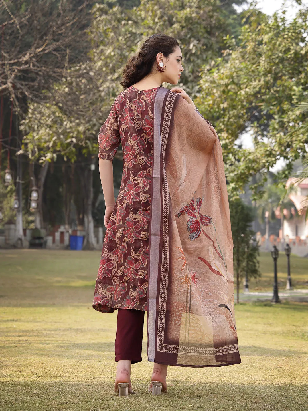Brown Floral Print Sequins Work Linen Flared Kurta Trouser Dupatta Set