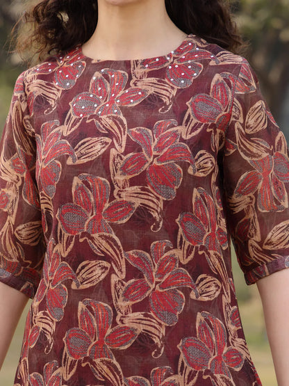 Brown Floral Print Sequins Work Linen Flared Kurta Trouser Dupatta Set