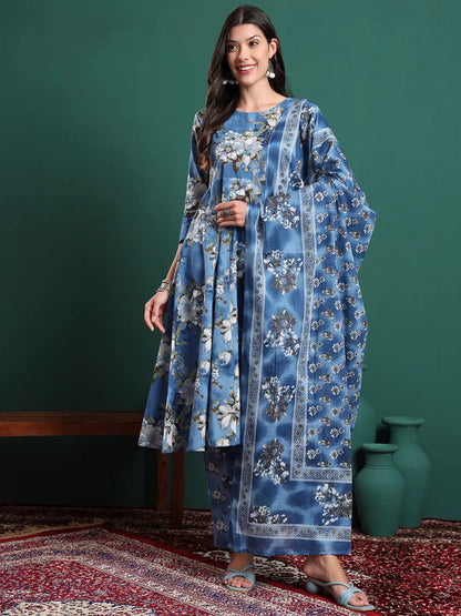 Blue Floral Print A-Line Maternity Kurta Trouser Dupatta Set