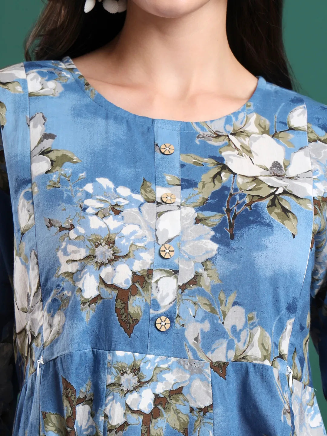 Blue Floral Print A-Line Maternity Kurta Trouser Dupatta Set