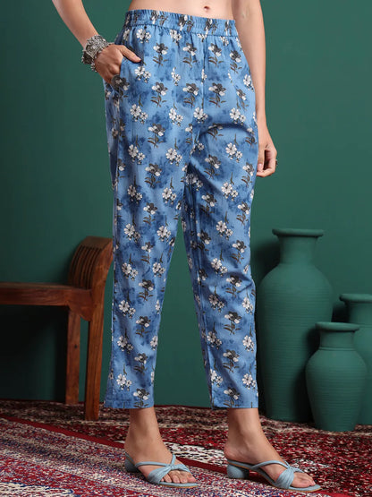 Blue Floral Print A-Line Maternity Kurta Trouser Dupatta Set