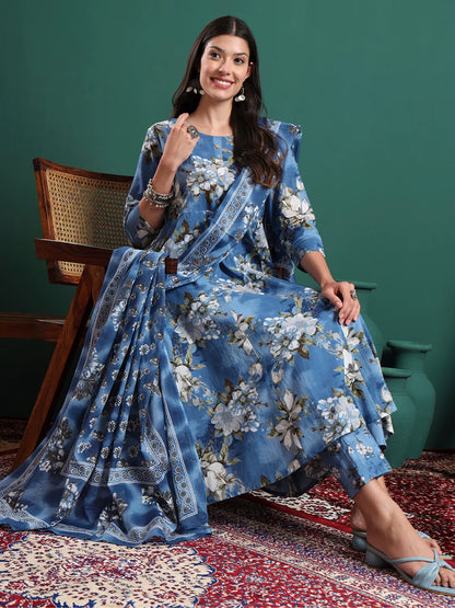 Blue Floral Print A-Line Maternity Kurta Trouser Dupatta Set