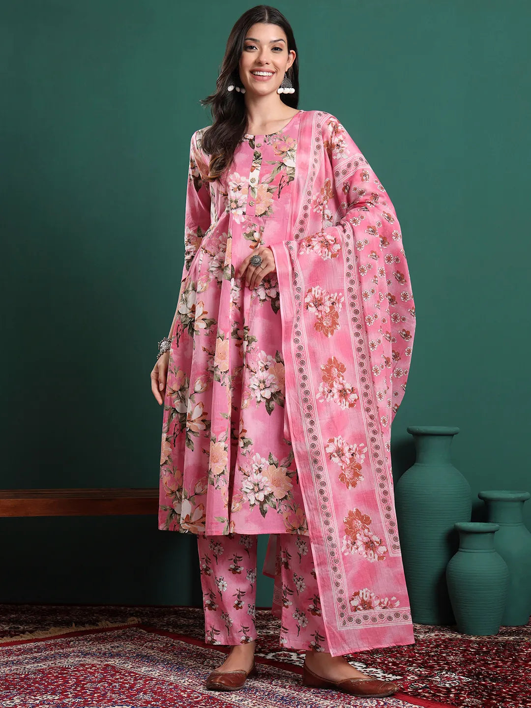Pink Floral Print A-Line Maternity Kurta Trouser Dupatta Set