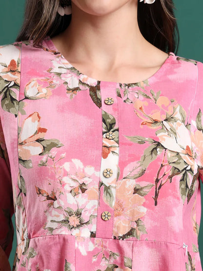 Pink Floral Print A-Line Maternity Kurta Trouser Dupatta Set
