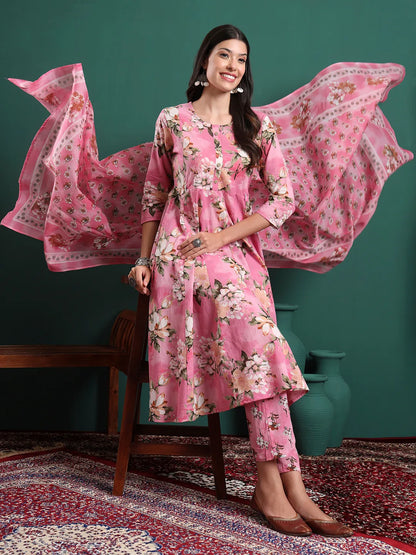 Pink Floral Print A-Line Maternity Kurta Trouser Dupatta Set