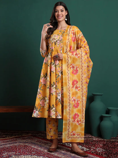 Yellow Floral Print A-Line Maternity Kurta Trouser Dupatta Set