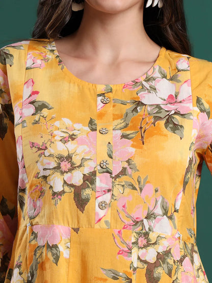 Yellow Floral Print A-Line Maternity Kurta Trouser Dupatta Set