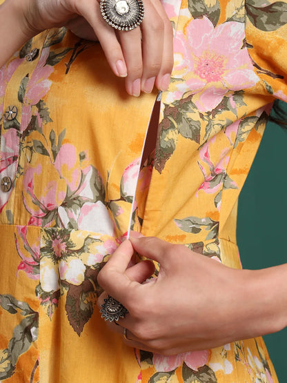 Yellow Floral Print A-Line Maternity Kurta Trouser Dupatta Set