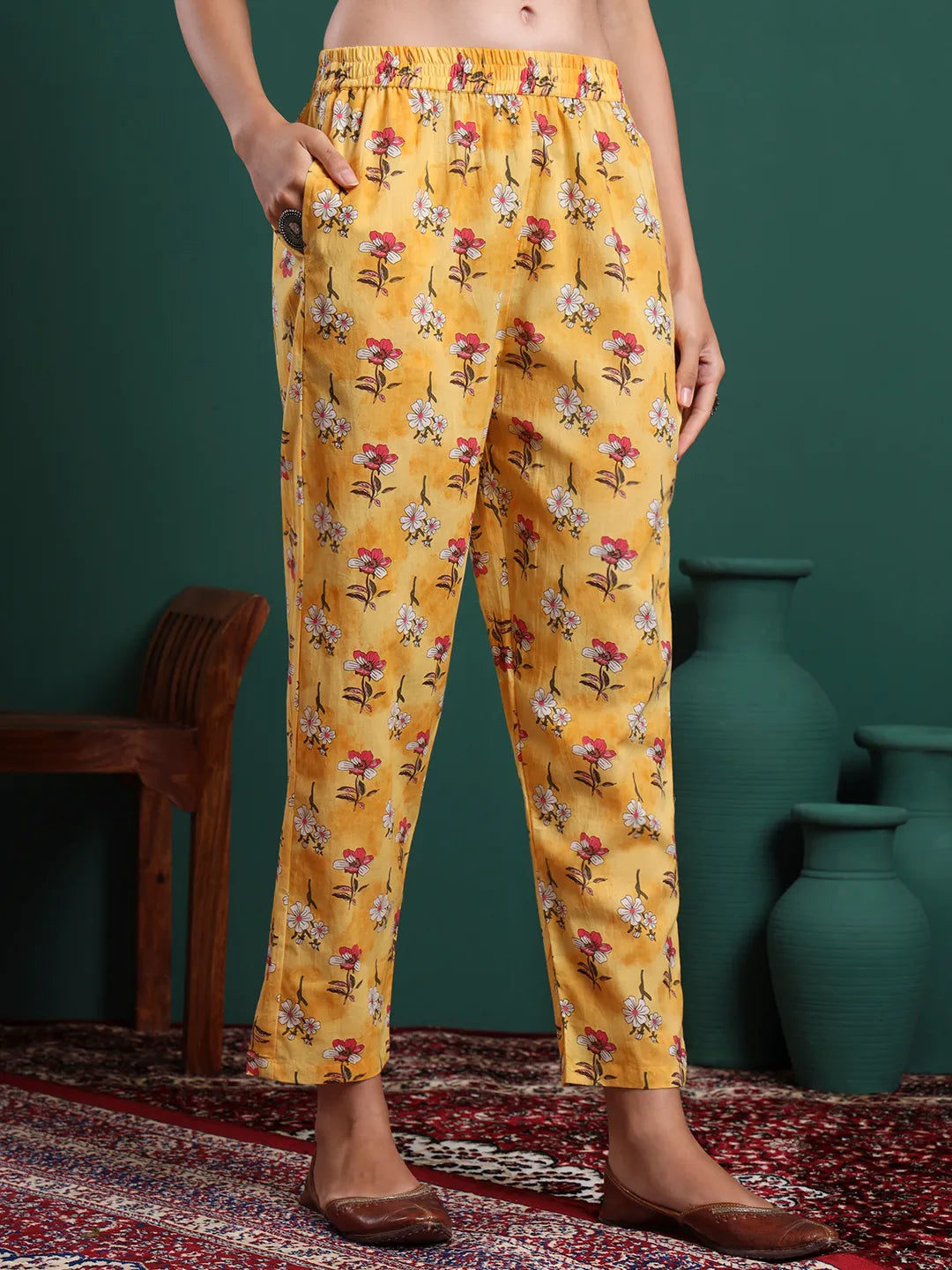 Yellow Floral Print A-Line Maternity Kurta Trouser Dupatta Set