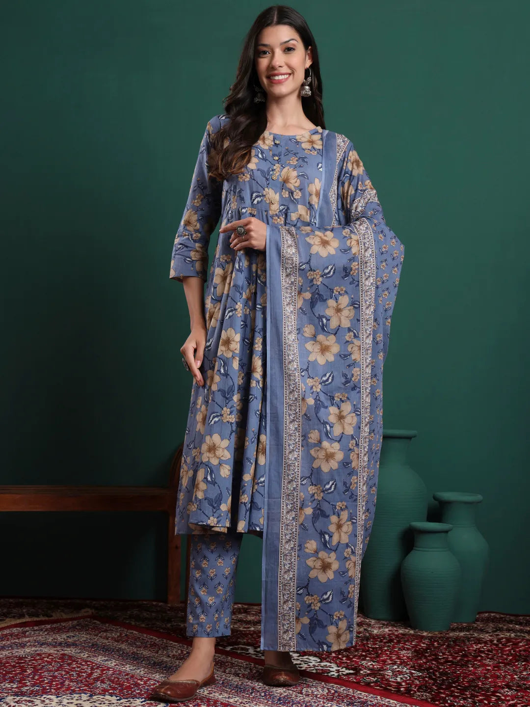 Blue Floral Print Maternity A-Line Kurta Trouser Dupatta Set