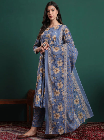 Blue Floral Print Maternity A-Line Kurta Trouser Dupatta Set