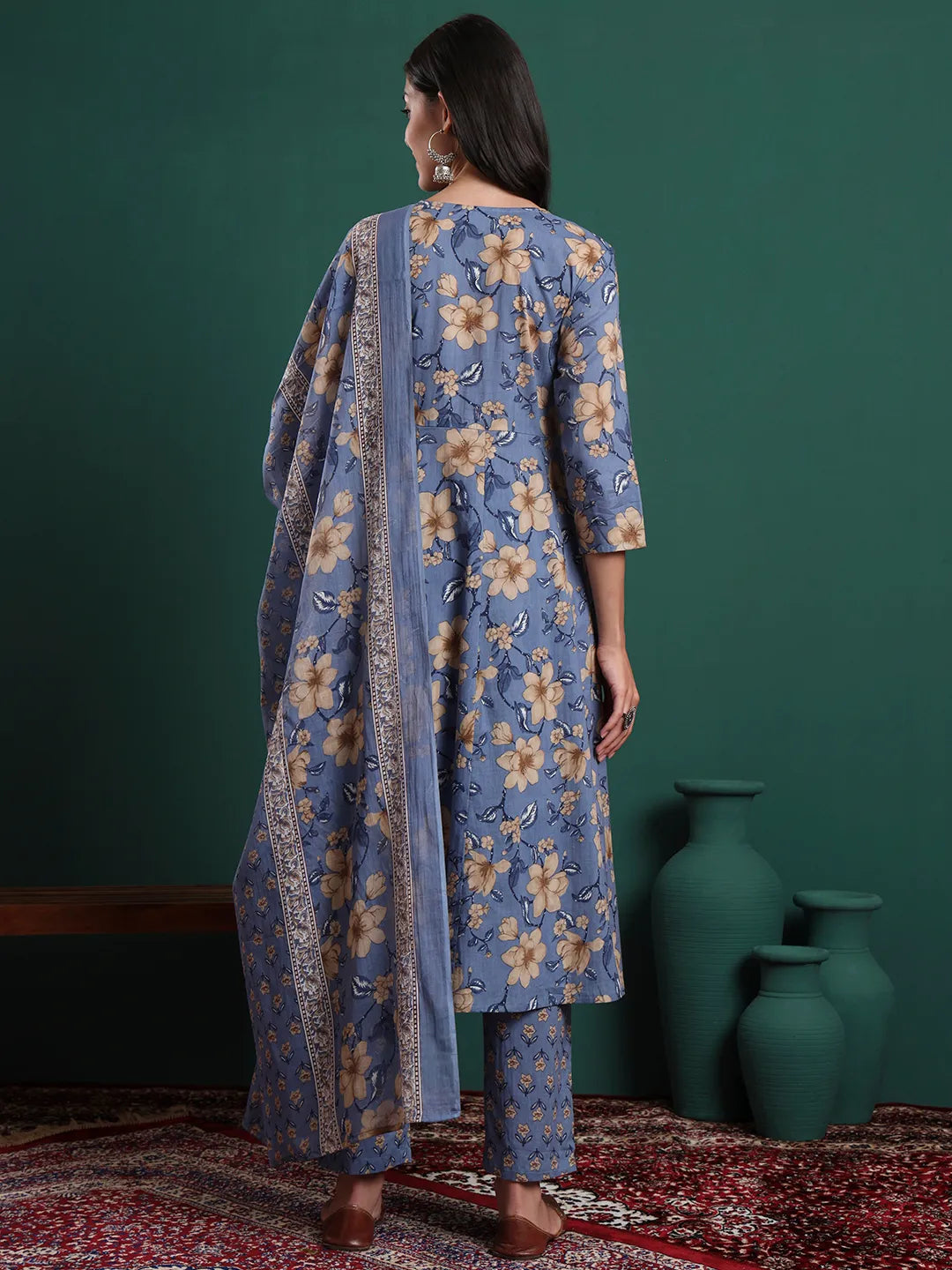 Blue Floral Print Maternity A-Line Kurta Trouser Dupatta Set
