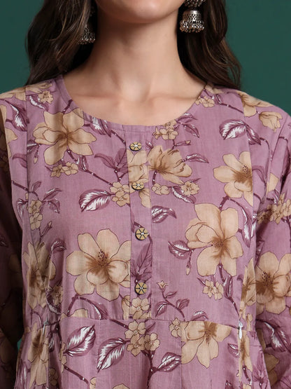 Yellow Floral Print Maternity A-Line Kurta Trouser Dupatta Set