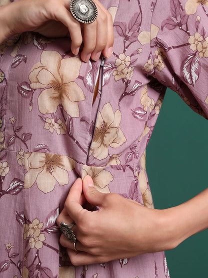 Yellow Floral Print Maternity A-Line Kurta Trouser Dupatta Set