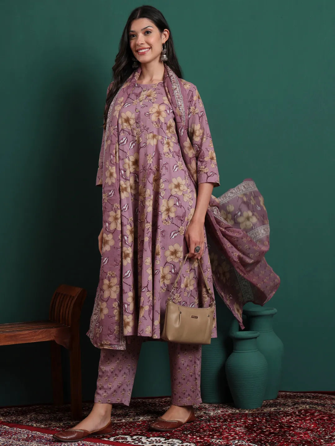 Yellow Floral Print Maternity A-Line Kurta Trouser Dupatta Set