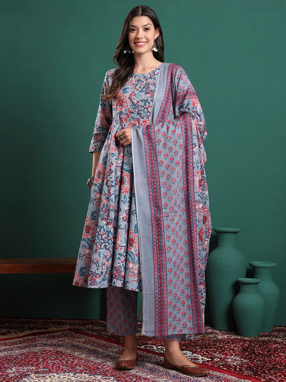 Grey Floral Print Maternity A-Line Kurta Trouser Dupatta Set