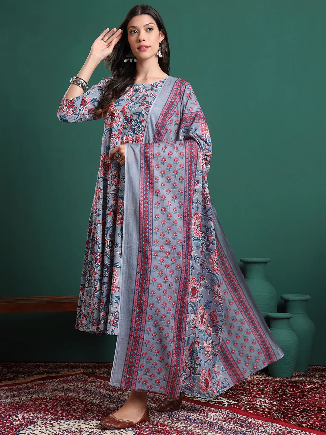 Grey Floral Print Maternity A-Line Kurta Trouser Dupatta Set