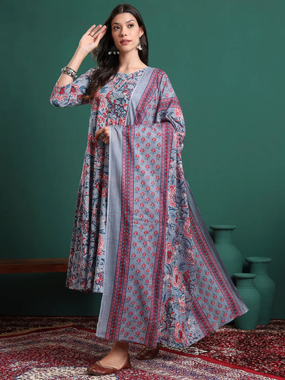 Grey Floral Print Maternity A-Line Kurta Trouser Dupatta Set