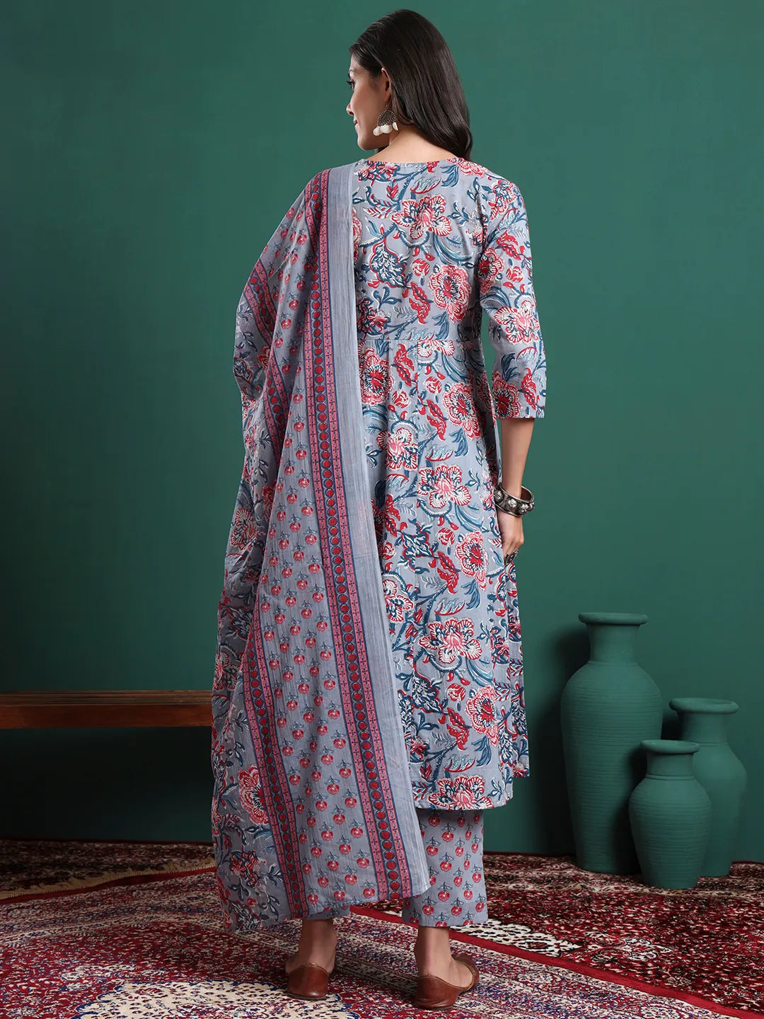 Grey Floral Print Maternity A-Line Kurta Trouser Dupatta Set