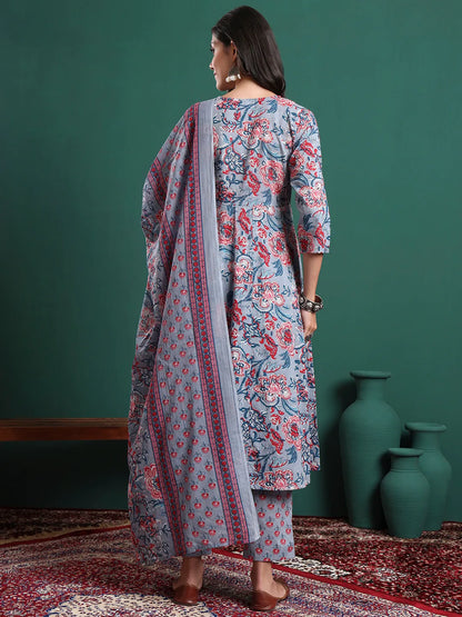 Grey Floral Print Maternity A-Line Kurta Trouser Dupatta Set
