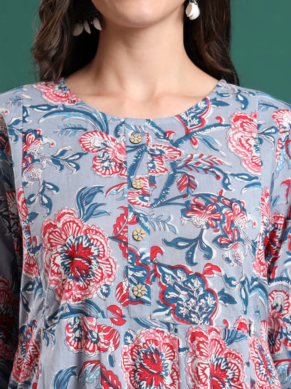 Grey Floral Print Maternity A-Line Kurta Trouser Dupatta Set