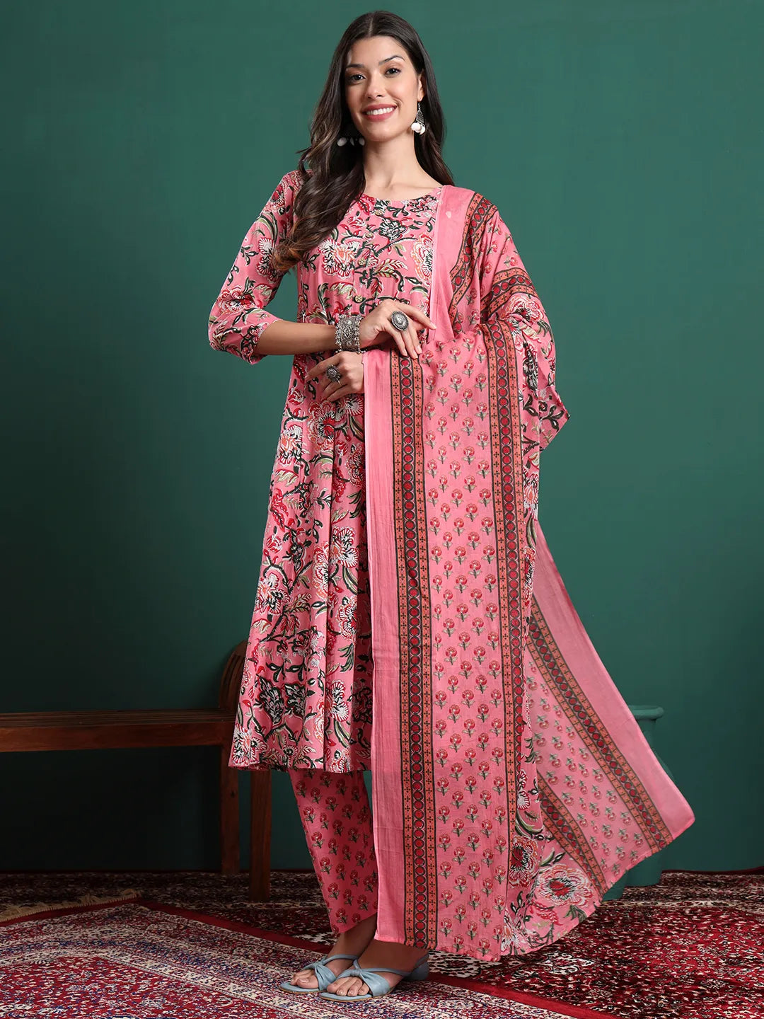 Pink Floral Print Maternity A-Line Kurta Trouser Dupatta Set