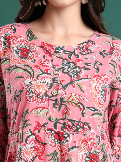 Pink Floral Print Maternity A-Line Kurta Trouser Dupatta Set