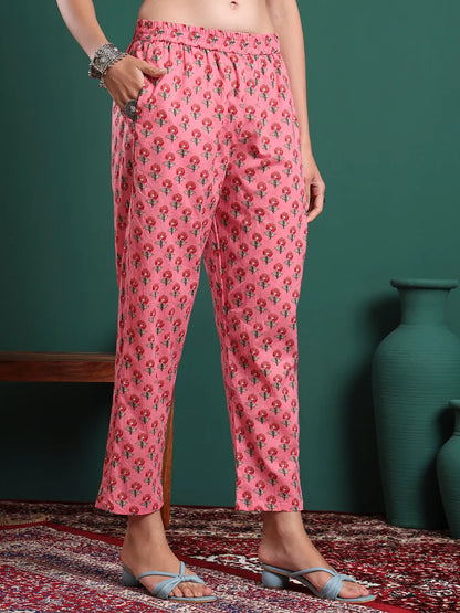 Pink Floral Print Maternity A-Line Kurta Trouser Dupatta Set