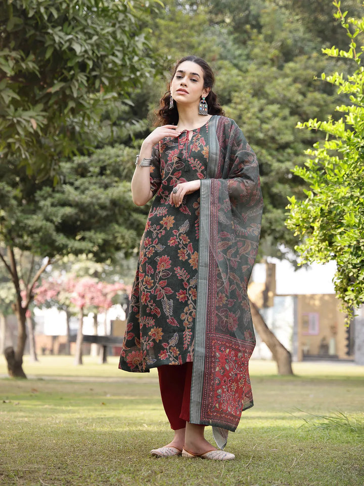 Green Linen Flare Kurta Trouser Dupatta Set