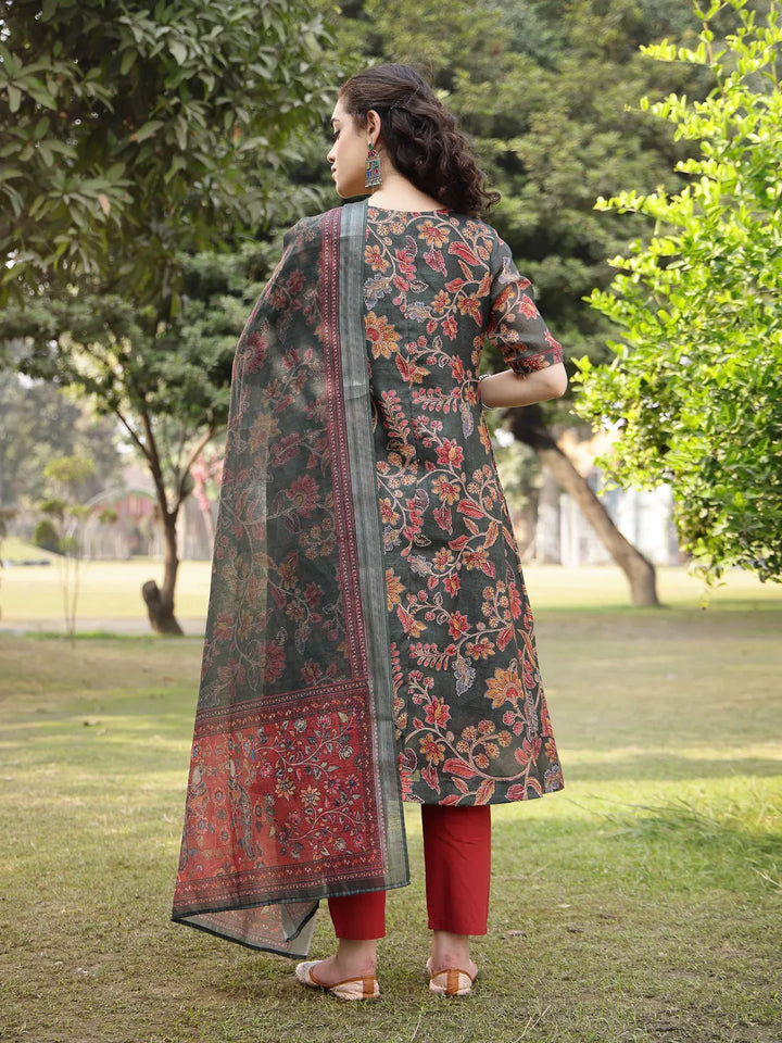 Green Linen Flare Kurta Trouser Dupatta Set