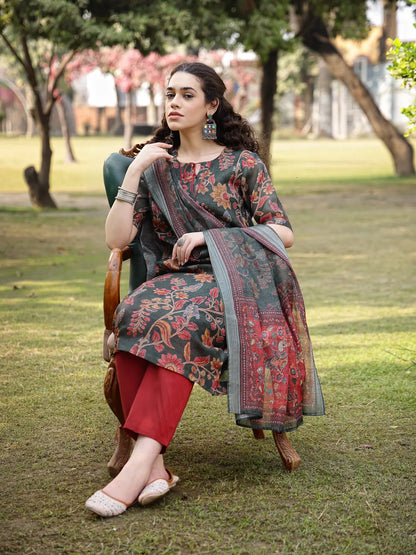 Green Linen Flare Kurta Trouser Dupatta Set